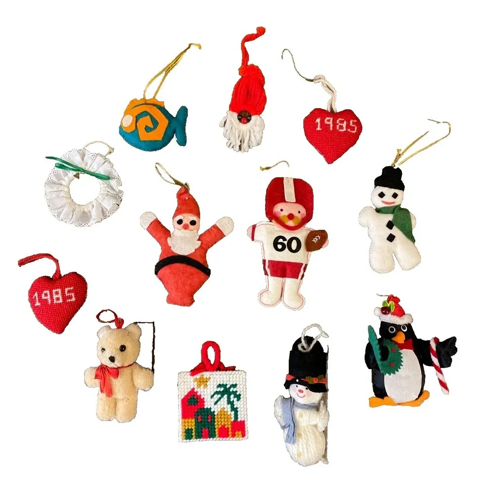 Vintage Christmas Ornaments Handmade Cross Stitch Lot Santa Snowman 1970's 80's
